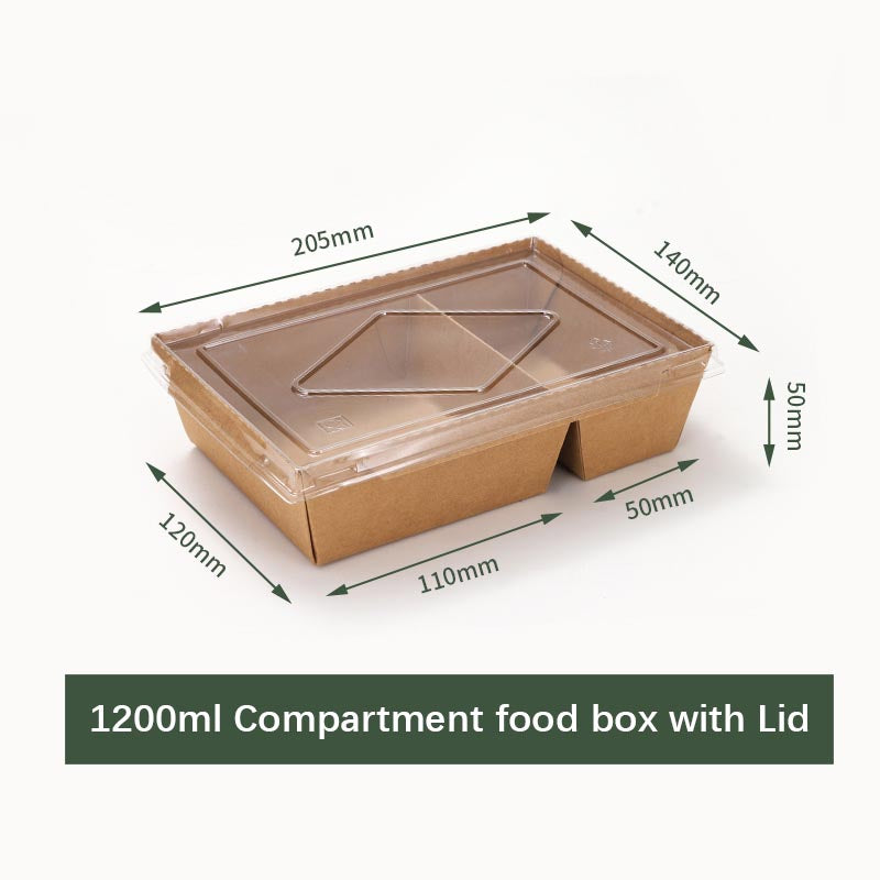 Double Compartment Disposable Paper Kraft Food Containers Biodegradable Lunch Box ,Large Rectangle Microwavable and Freezer Storage Use Take Out Lunch Box Container with Lids for Fast Foods, BBOs, Fried Chickens, Sandwiches, Bakery