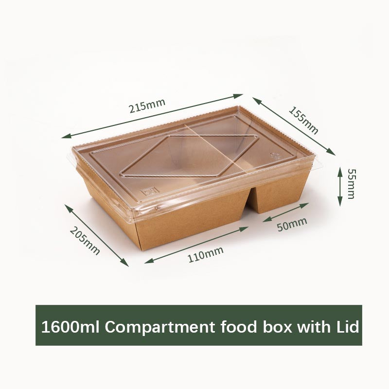 Double Compartment Disposable Paper Kraft Food Containers Biodegradable Lunch Box ,Large Rectangle Microwavable and Freezer Storage Use Take Out Lunch Box Container with Lids for Fast Foods, BBOs, Fried Chickens, Sandwiches, Bakery