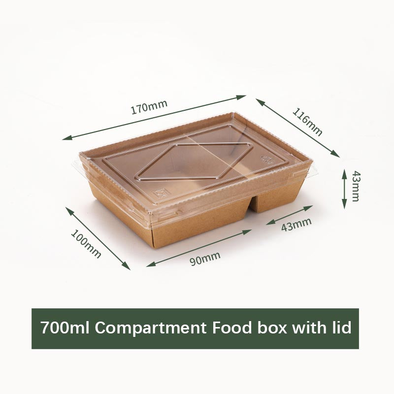 Double Compartment Disposable Paper Kraft Food Containers Biodegradable Lunch Box ,Large Rectangle Microwavable and Freezer Storage Use Take Out Lunch Box Container with Lids for Fast Foods, BBOs, Fried Chickens, Sandwiches, Bakery