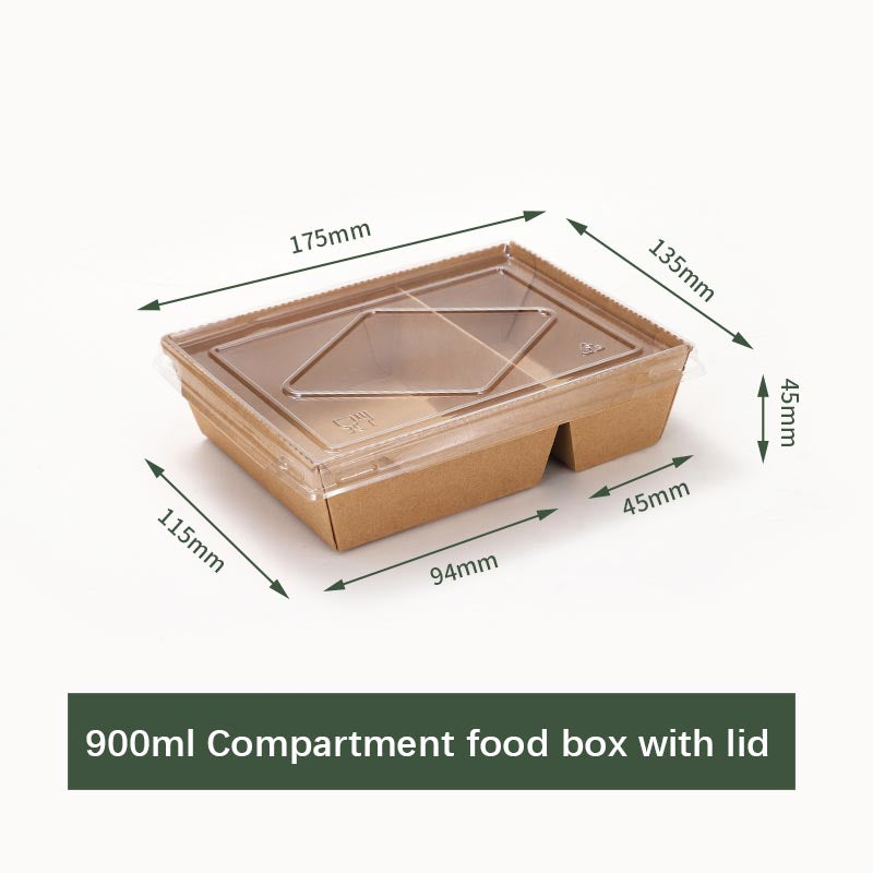 Double Compartment Disposable Paper Kraft Food Containers Biodegradable Lunch Box ,Large Rectangle Microwavable and Freezer Storage Use Take Out Lunch Box Container with Lids for Fast Foods, BBOs, Fried Chickens, Sandwiches, Bakery