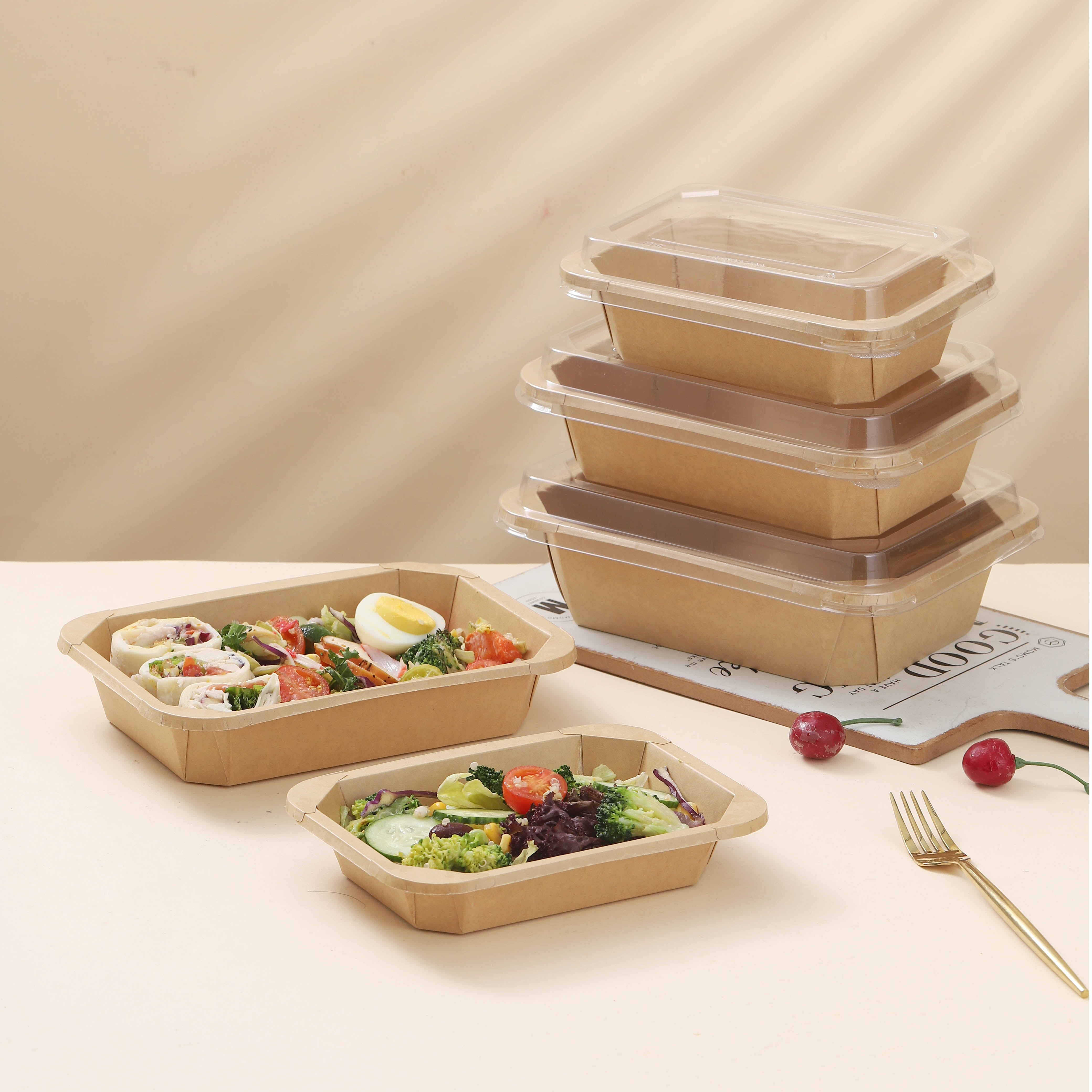 Disposable Rectangle Octagonal Kraft paper salad bowls with lids, Food containers Soup Bowls Party Supplies Treat Bowls 300PACK, Recyclable Lunch Box with Lids for Restaurants, Catering and Parties