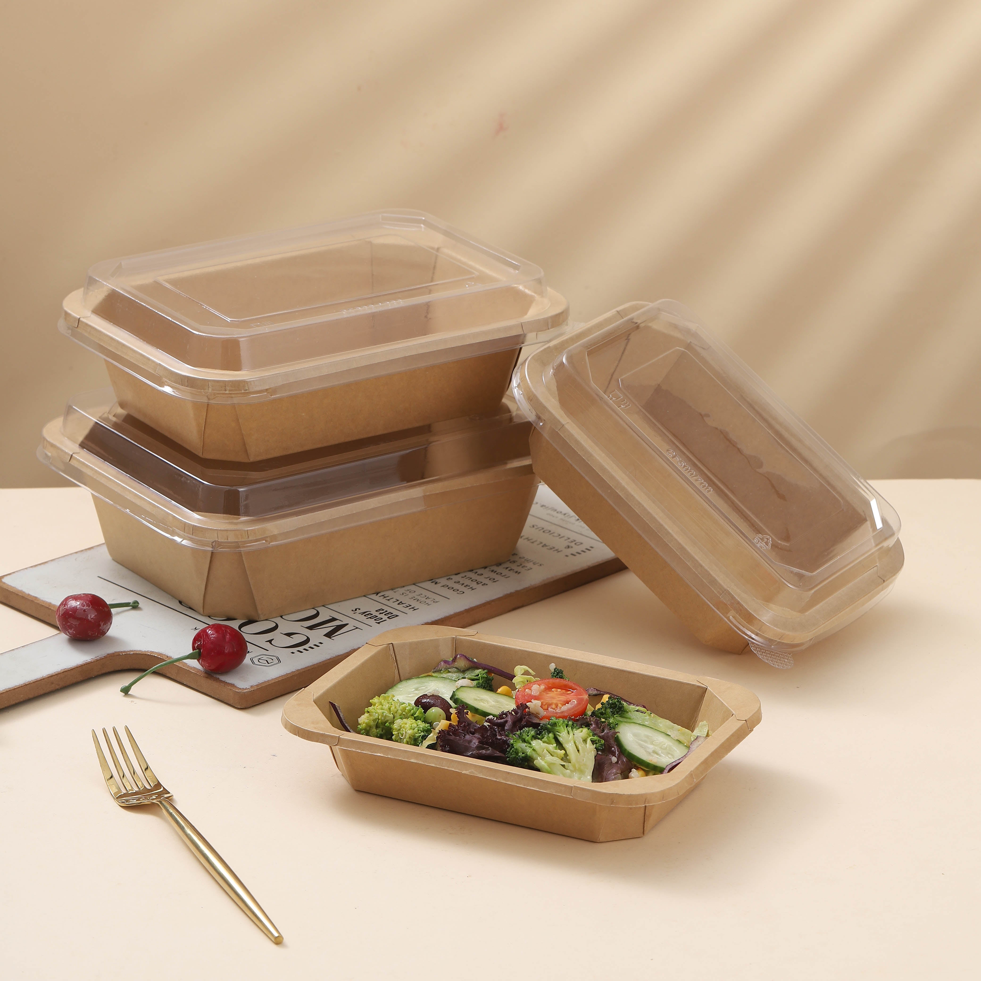 Disposable Rectangle Octagonal Kraft paper salad bowls with lids, Food containers Soup Bowls Party Supplies Treat Bowls 300PACK, Recyclable Lunch Box with Lids for Restaurants, Catering and Parties